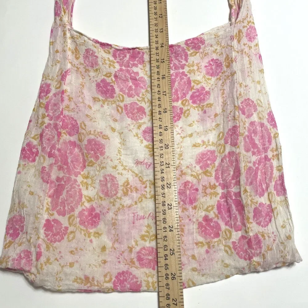 Free People Reusable Floral Tote Bag Pink Cream Muslin Gauze Boho Casual Beach